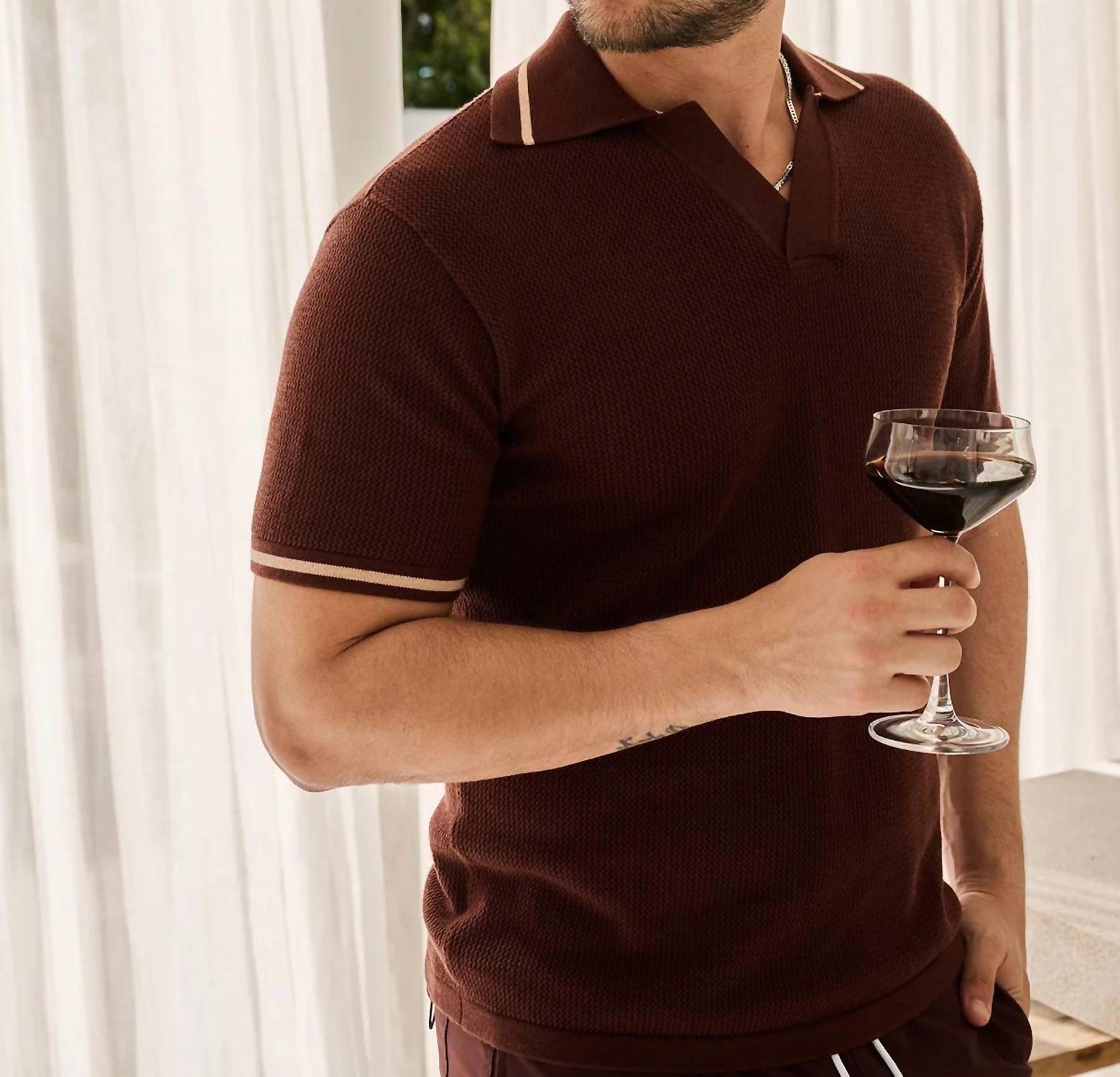 New Mavrans Men's Crochet Polo In Chocolate — image 3 of 3